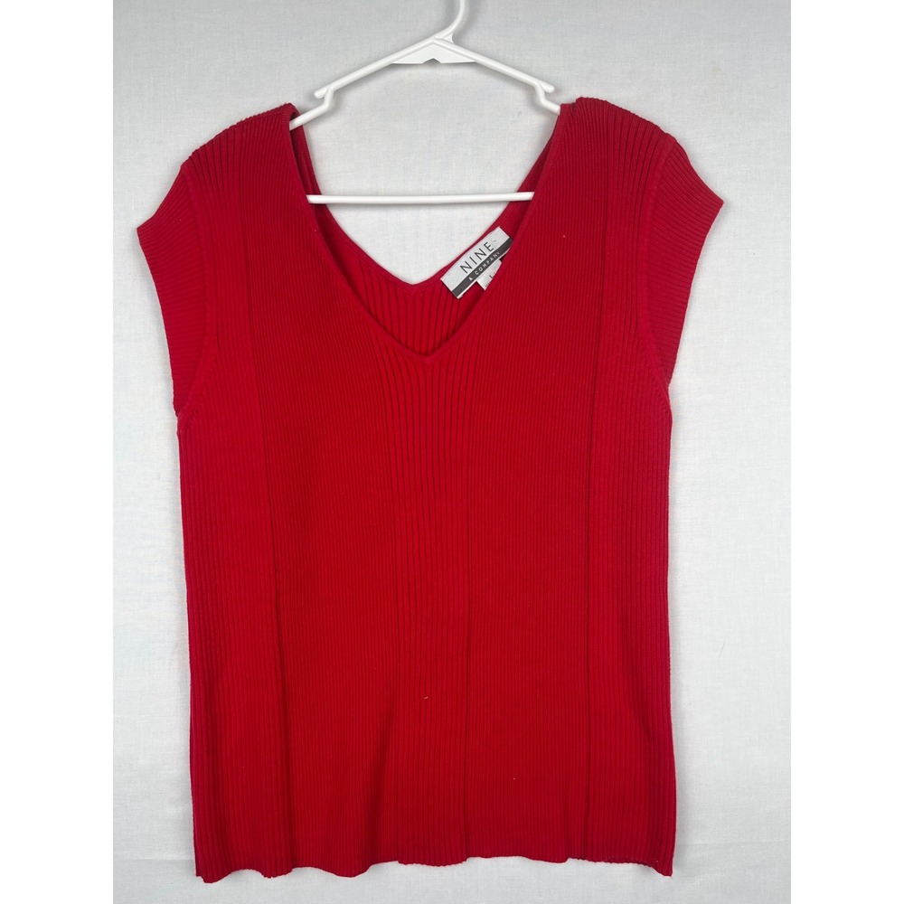 Nine & Company Ribbed Knit V-Neck Sleeveless Top Womens Large Red Cotton